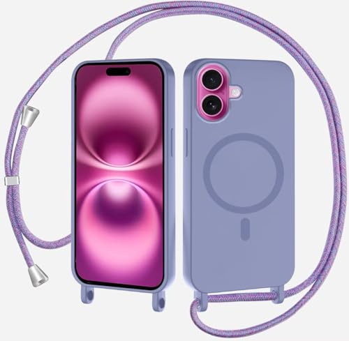 TQmchun Magnetische Handykette mit Band für iPhone 16 Plus,Handyhülle [Kompatibel mit MagSafe],Weich TPU Liquid Silikon Necklace Umhängen Kameraschutz Kette Stossfest Schutzhülle-Lichtviolett von TQmchun