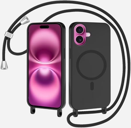 TQmchun Magnetische Handykette mit Band für iPhone 16 Plus,Handyhülle [Kompatibel mit MagSafe],Weich TPU Liquid Silikon Necklace Umhängen Kameraschutz Kette Stossfest Schutzhülle-Schwarz von TQmchun