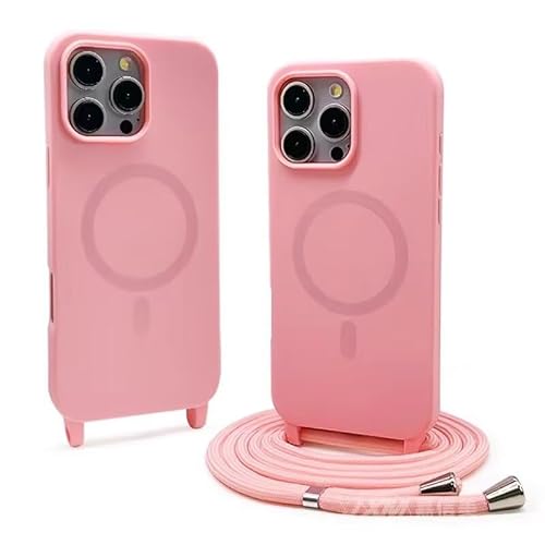 TQmchun Magnetische Handykette mit Band für iPhone 16 Pro,Handyhülle [Kompatibel mit MagSafe],Weich TPU Liquid Silikon Necklace Umhängen Kameraschutz Kette Stossfest Schutzhülle-Rosa von TQmchun