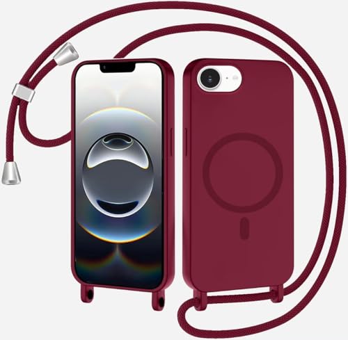 TQmchun Magnetische Handykette mit Band für iPhone 16E,Handyhülle [Kompatibel mit MagSafe],Weich TPU Liquid Silikon Necklace Umhängen Kameraschutz Kette Stossfest Schutzhülle-Rot von TQmchun