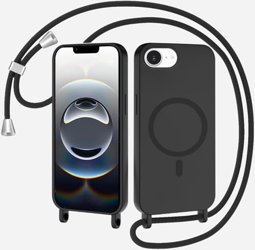 TQmchun Magnetische Handykette mit Band für iPhone 16E,Handyhülle [Kompatibel mit MagSafe],Weich TPU Liquid Silikon Necklace Umhängen Kameraschutz Kette Stossfest Schutzhülle-Schwarz von TQmchun