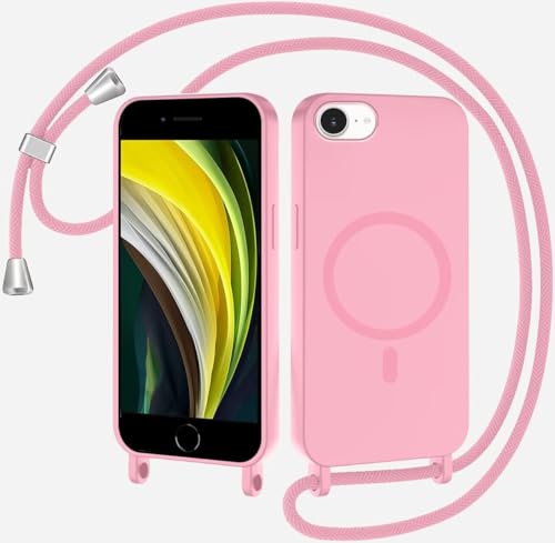 TQmchun Magnetische Handykette mit Band für iPhone 6/7/8/SE 2020,Handyhülle [Kompatibel mit MagSafe],Weich TPU Liquid Silikon Necklace Umhängen Kameraschutz Kette Stossfest Schutzhülle-Rosa von TQmchun