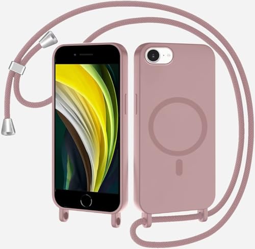 TQmchun Magnetische Handykette mit Band für iPhone 6/7/8/SE 2020,Handyhülle [Kompatibel mit MagSafe],Weich TPU Liquid Silikon Necklace Umhängen Kameraschutz Kette Stossfest Schutzhülle-Sandpulver von TQmchun