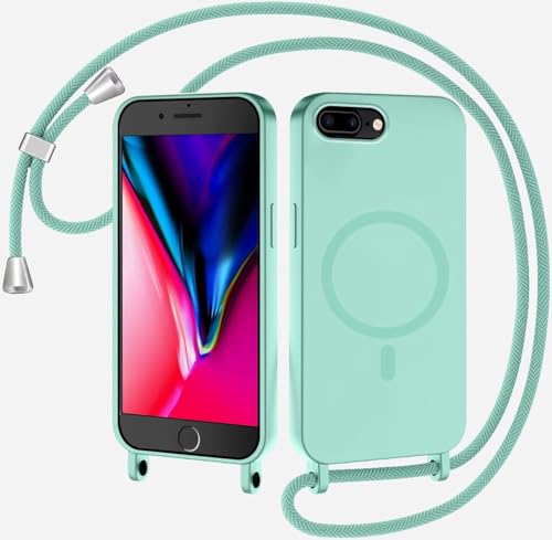 TQmchun Magnetische Handykette mit Band für iPhone 6/7/8 Plus,Handyhülle [Kompatibel mit MagSafe],Weich TPU Liquid Silikon Necklace Umhängen Kameraschutz Kette Stossfest Schutzhülle-Minzgrün von TQmchun