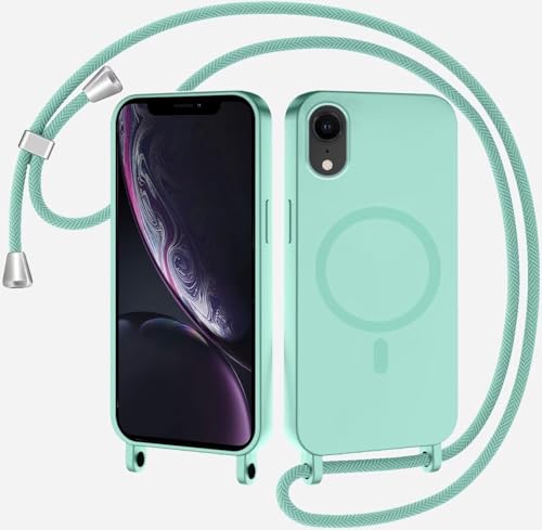TQmchun Magnetische Handykette mit Band für iPhone XR,Handyhülle [Kompatibel mit MagSafe],Weich TPU Liquid Silikon Necklace Umhängen Kameraschutz Kette Stossfest Schutzhülle-Minzgrün von TQmchun