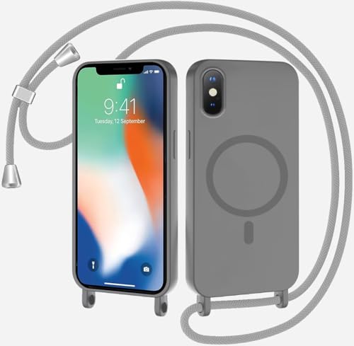 TQmchun Magnetische Handykette mit Band für iPhone XS Max,Handyhülle [Kompatibel mit MagSafe],Weich TPU Liquid Silikon Necklace Umhängen Kameraschutz Kette Stossfest Schutzhülle-Grau von TQmchun