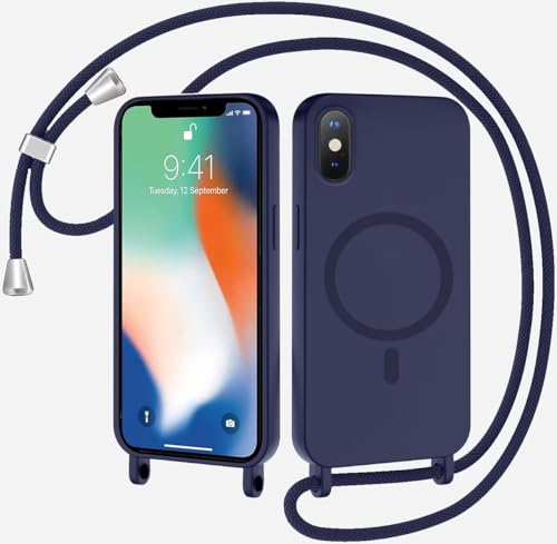TQmchun Magnetische Handykette mit Band für iPhone XiPhone XS,Handyhülle [Kompatibel mit MagSafe],Weich TPU Liquid Silikon Necklace Umhängen Kameraschutz Kette Stossfest Schutzhülle-Dunkelblau von TQmchun