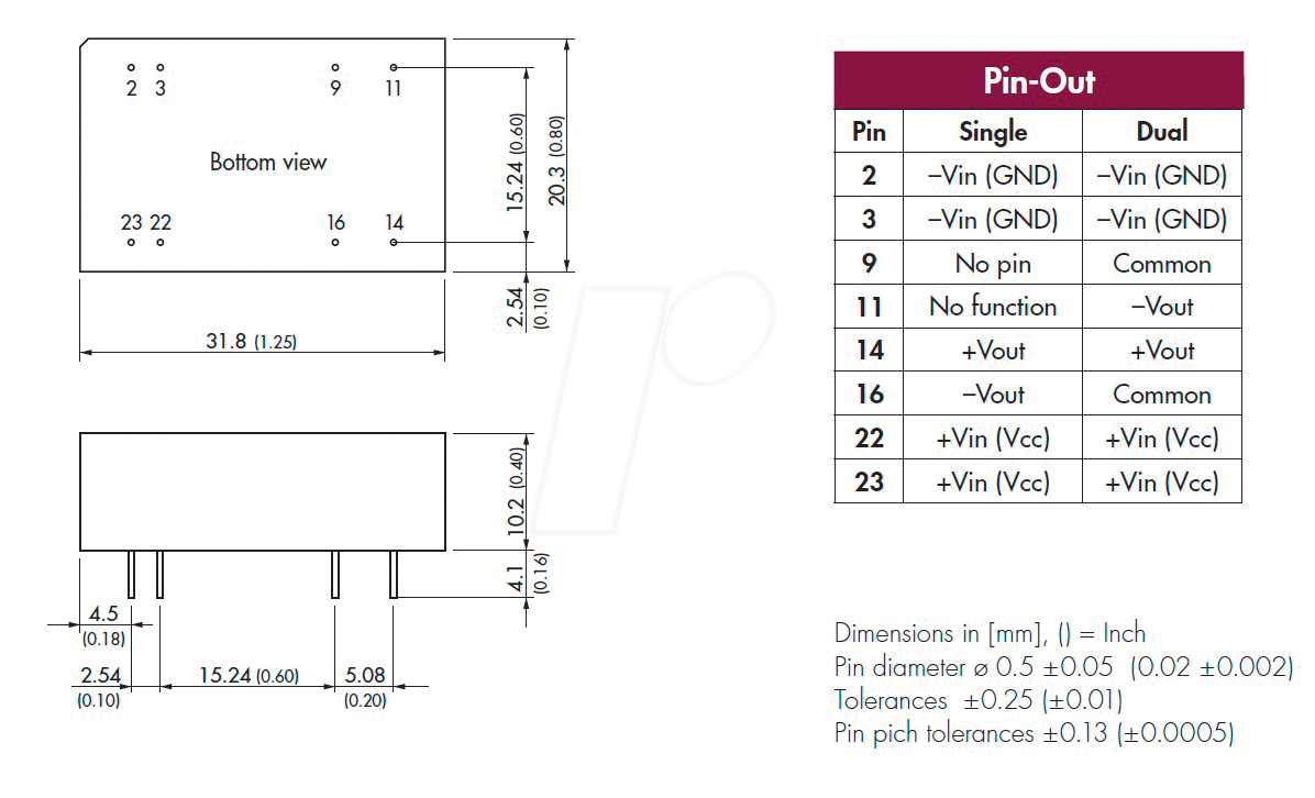 TEN 6-4823WIN - DC/DC-Wandler TEN 6WIN, 6 W, 18-75/±15,0 VDC, DIL-24 von TRACO