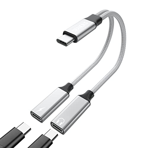 TRANLIKS USB C Splitter 2 USB C, USB C Doppelstecker Adapter Kopfhörer und Laden Verteiler mit PD 60W Schnellladung Aux Audio Kabel für 15/15 Pro/15 Plus/15 Pro Max - Silber von TRANLIKS
