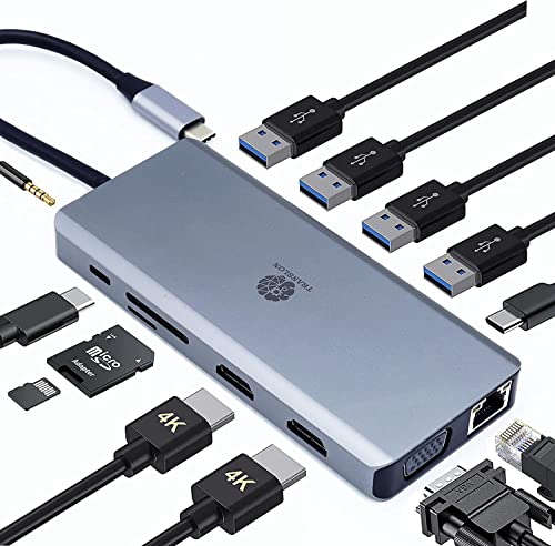 TRANSLON USB C Hub, Kompakte Dockingstation, 13 in 1, Triple Display, PD 100W, 2X HDMI, 1x VGA, 4X USB, 1x Extra Typ C USB, SD/microSD Kartenleser, LAN Ethernet, 3,5 mm Buchse von TRANSLON