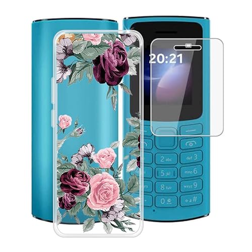 TREBAM Handyhülle für Nokia 105 4G 2023 (1.8 Zoll) + Gehärtetes Glas Schutzfolie, Stoßfest Silikon Schutzhülle Tasche Ultradünne weiches TPU Case Hülle für Nokia 105 4G 2023 - Rote Rose von TREBAM