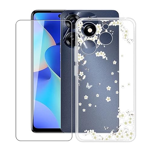 TREBAM Handyhülle für Tecno Spark 10 Pro (6.8 Zoll) + Gehärtetes Glas Schutzfolie, Stoßfest Silikon Schutzhülle Tasche Ultradünne weiches TPU Case Hülle für Tecno Spark 10 Pro - Weiße Blume von TREBAM