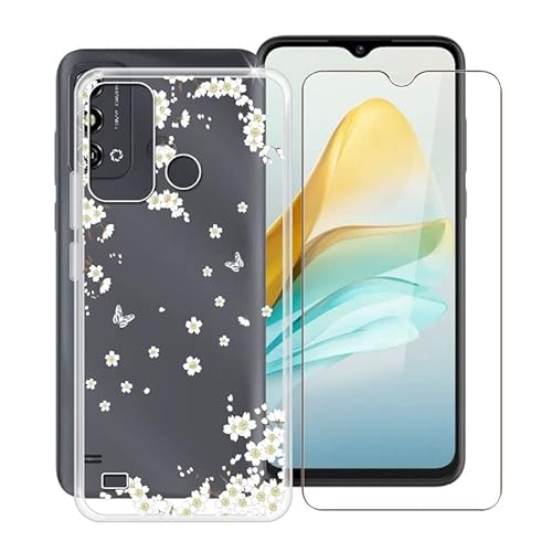 TREBAM Handyhülle für ZTE Blade A53 (6.52 Zoll) + Gehärtetes Glas Schutzfolie, Stoßfest Silikon Schutzhülle Tasche Ultradünne weiches TPU Case Hülle für ZTE Blade A53 - Weiße Blume von TREBAM
