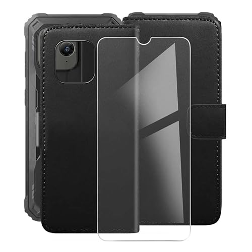 TREBAM Hülle für Blackview BV5300 Pro (6.10") Standfunktion Case + Gehärtetem Glasfolie 9H Härte, Flip Handyhülle PU-Leder Tasche Flip Schutzhülle Cover - Black von TREBAM