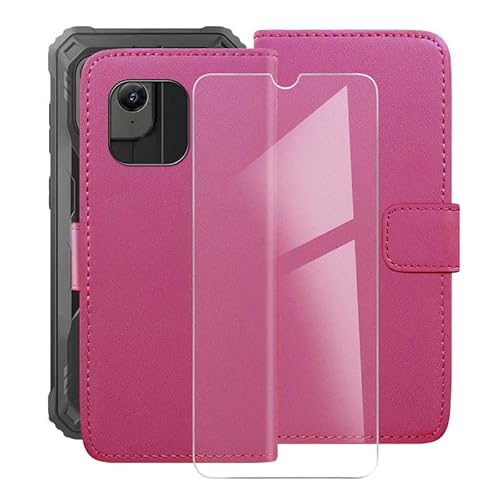 TREBAM Hülle für Blackview BV5300 Pro (6.10") Standfunktion Case + Gehärtetem Glasfolie 9H Härte, Flip Handyhülle PU-Leder Tasche Flip Schutzhülle Cover - Rosered von TREBAM