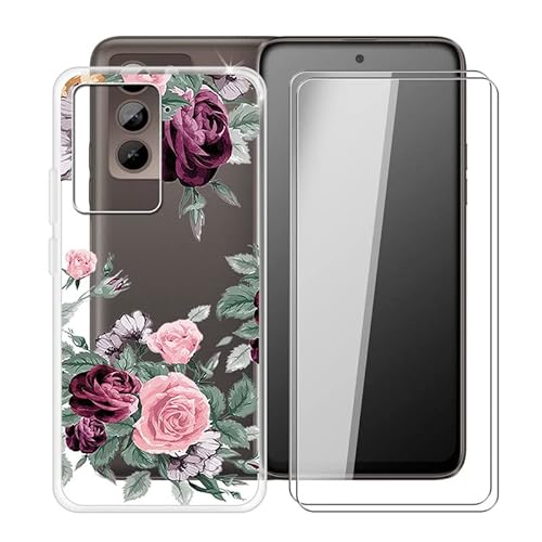 TREBAM Hülle für HTC U23 Pro (6.7 ") + 2 Stück Gehärtetem Glas Schutzfolie, Stoßfest Anti-Kratzer Schutzhülle Tasche Dünne Weiches Silikon Handyhülle für HTC U23 Pro - Rote Rose von TREBAM