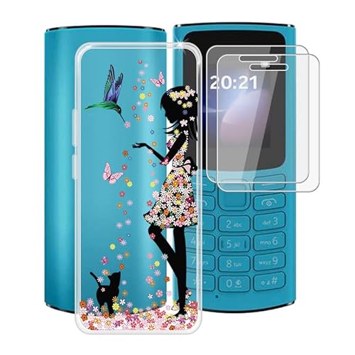 TREBAM Hülle für Nokia 105 4G 2023 (1.8 ") + 2 Stück Gehärtetem Glas Schutzfolie, Stoßfest Anti-Kratzer Schutzhülle Tasche Dünne Weiches Silikon Handyhülle für Nokia 105 4G 2023 - Mädchen von TREBAM