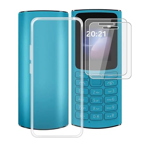 TREBAM Hülle für Nokia 105 4G 2023 (1.8 ") + 2 Stück Gehärtetem Glas Schutzfolie, Stoßfest Anti-Kratzer Schutzhülle Tasche Dünne Weiches Silikon Handyhülle für Nokia 105 4G 2023 - Transparent von TREBAM
