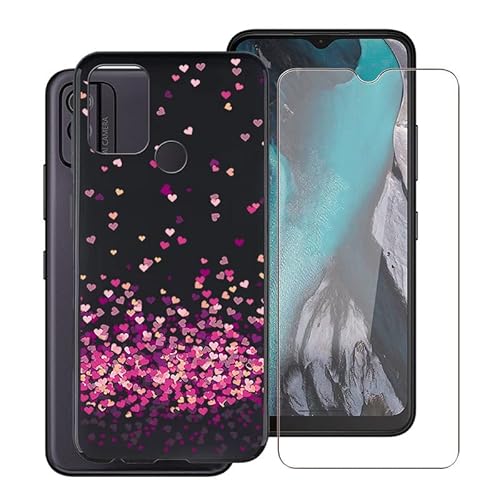 TREBAM Hülle für Nokia C22 (6.50 Zoll) Mit 1 X Gehärtetem Glas Schutzfolie, Ultradünne Schwarz Kratzfest Weich Silikon TPU Bumper Schutzhülle Cover für Nokia C22 - Rotes Herz von TREBAM