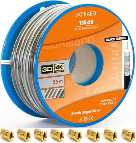 TRENDSKY 25m Koaxialkabel 135dB Sat Koax Kabel, Stahl-Kupfer Antennenkabel 5-Fach geschirmt 4K Ultra HD 4K,8K Verlegekabel +10x F-Stecker von TRENDSKY