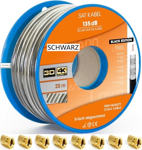 TRENDSKY Schwarz 25m Koaxialkabel 135dB 5-Fach Sat Koax Kabel, Stahl-Kupfer Antennenkabel 4K,8K Verlegekabel +10x F-Stecker von TRENDSKY