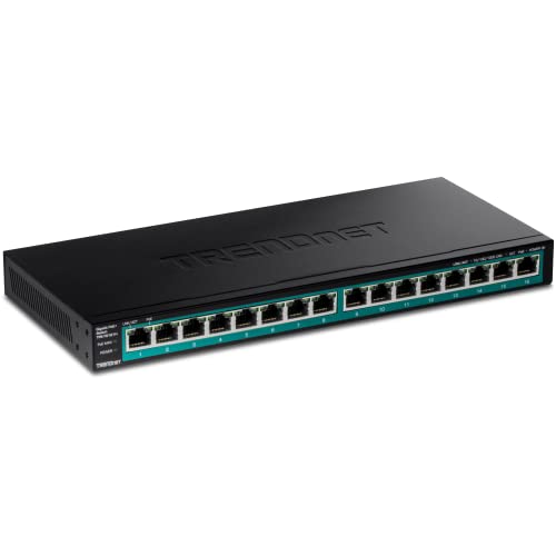 TRENDnet 16-Port Gigabit PoE+ Switch, 16 x Gigabit PoE+ Ports, 120 W PoE Budget, bis zu 30 W pro Port, 1U 19 Zoll Rackmount-Halterungen enthalten, lüfterlos, schwarz, TPE-TG161H von TRENDnet