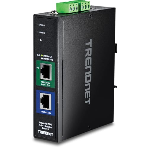 TRENDnet Industrieller 10G PoE++ Injector, TI-IG319, 1 x 10 Gigabit PoE++ Port (Data + PoE Out), 1 x 10 Gigabit Port (Data in), Unterstützt PoE (15,4 W), PoE+ (30 W), NDAA & TAA konform von TRENDnet