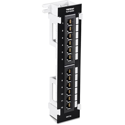 TRENDnet TC-P12C5V 12-Port Cat5e Ungeschirmtes Patchpanel, Wandmontage, Inklusive 89D-Halterung, Vertikale oder Horizontale Installation, Kompatibel mit Cat5e & Cat6 RJ45 Verkabelung, Schwarz von TRENDnet