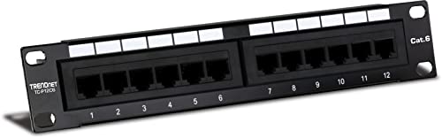 TRENDnet TC-P12C6 12-Port Cat6 ungeschirmtes Patchfeld, 10 Zoll breit, 12 x Gigabit RJ-45-Ethernet-Anschlüsse, Metallgehäuse, 250-MHz-Anschluss von TRENDnet