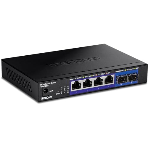 TRENDnet TEG-S562 6-Port Unmanaged Multi-Gig Switch, 4 x 2,5GBASE-T Ports, 2 x 10G SFP+ Ports Lüfterlos, kompaktes Desktop-Design, Metallgehäuse, Netzwerk-Ethernet-Switch, Schwarz TRENDnet TEG-S562 6-Port Unmanaged Multi-Gig Switch, 4 x 2,5GBASE-T Ports, 2 x 10G SFP+ Ports Lüfterlos, kompaktes Desktop-Design, Metallgehäuse, Netzwerk-Ethernet-Switch, Schwarz von TRENDnet