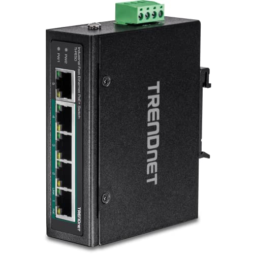 TRENDnet TI-PE50 Industrieller 5-Port-DIN-Schienen-Fast-Ethernet-Switch, 4 PoE+-Fast-Ethernet-Ports, 1 Fast-Ethernet-Port, 90 W PoE-Leistungsbudget, DIN-Schiene, Schutzart IP30, Schwarz von TRENDnet