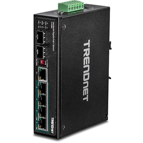 TRENDnet TI-PG62 Ruggedized Industrial 6-Port Gigabit PoE + DIN Rail Switch, 4-Port Gigabit PoE +, Shared Gigabit Port (RJ-45 / SFP), Dedizierter SFP, 120 W Leistungsbudget, IP30 Schwarz von TRENDnet