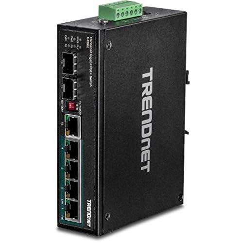 TRENDnet TI-PG62 6-Port-gehärteter industrieller Gigabit-PoE + -Din-Rail-Switch, 4 x Gigabit-PoE + -Ports, 1 x gemeinsamer Gigabit-Port (RJ-45 / SFP), 1 x dedizierter SFP, 120-W-Leistungsbudget, IP30 von TRENDnet