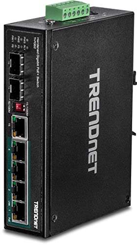 TRENDnet TI-PG62 6-Port-gehärteter industrieller Gigabit-PoE + -Din-Rail-Switch, 4 x Gigabit-PoE + -Ports, 1 x gemeinsamer Gigabit-Port (RJ-45 / SFP), 1 x dedizierter SFP, 120-W-Leistungsbudget, IP30 von TRENDnet