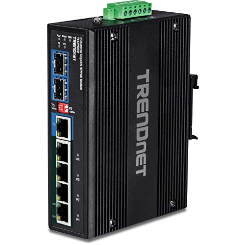 TRENDnet TI-UPG62 6-Port gehärteter industrieller Gigabit 10/100/1000 Mbps Ultra PoE DIN-Schiene Switch, UPoE, IP30, DIN-Schiene & Halterungen für Wandbefestigung inbegriffen von TRENDnet