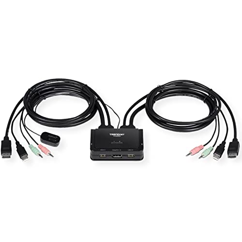TRENDnet TK-220DPI 2-Port 4K DisplayPort 1.2 KVM-Switch mit Audio, 4K UHD (3840 x 2160 @ 60Hz), 3,5-mm-Lautsprecher/Mikrofon, USB 2.0, integriertes Kabel von TRENDnet