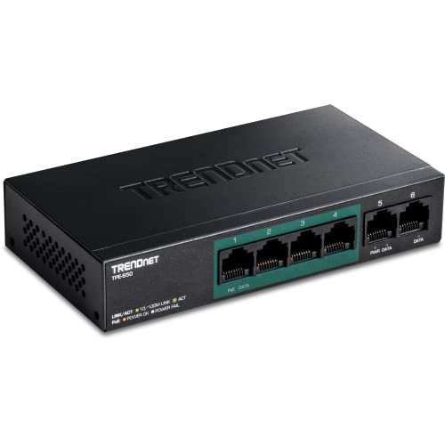 TRENDnet TPE-S50 6-Port Fast-Ethernet-PoE + -Switch, 4 x Fast-Ethernet-PoE + -Ports, 2 x Fast-Ethernet-Ports, 60 W PoE-Budget, Ethernet-Netzwerk-Switch, Metall, Schwarz von TRENDnet