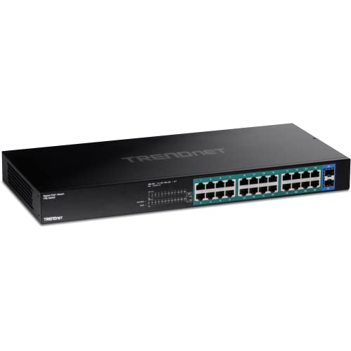 TRENDnet TPE-TG262 26-Port-Gigabit-PoE+-Switch, 24 x 30-W-PoE+-Ports, 2 Gigabit-SFP-Steckplätze, 380-W-PoE-Budget, 52-Gbit/s-Switching-Kapazität, 1 HE 19-Zoll-Rack-montierbar, Schwarz von TRENDnet