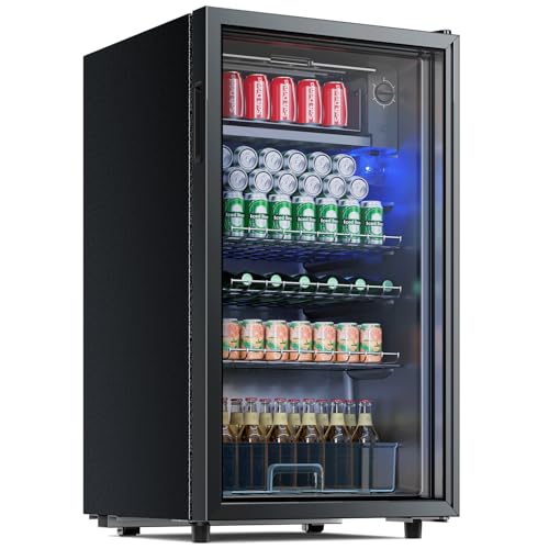 TRIUMPHKEY Getränkekühlschrank, 85L Kühlschrank klein mit blaue LED Beleuchtung, Bierkühlschrank mit Vollglas-Designtür, mit 4 Ablagen & Flaschenhalterung für Soda/Bier/Wine [Energieklasse E] von TRIUMPHKEY