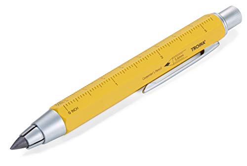 TROIKA ZIMMERMANN 5,6 BLEISTIFT- PEN56/YE Fallminen-Stift (5,6 mm HB-Mine) - Zentimeter-/Zoll-Lineal - 1:20m/1:50 m Skala - Anspitzer - Messing - lackiert - gelb von TROIKA
