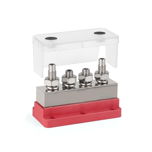 Batteriesammelschiene 12–48 V, 600 A, 4 x M10-Bolzen (3/8 Zoll), robuster Stromverteilungsklemmenblock mit wasserdichter Abdeckung(1 Red) von TROIOIUM
