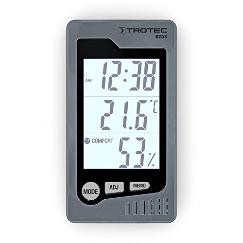 TROTEC Raum-Thermohygrometer BZ05 Thermometer Anzeige von Raumtemperatur Luftfeuchtigkeit Uhrzeit Datum Messbereich 0°C bis 50°C / 10% bis 90% Behaglichkeitsdiagramm Wohlfühlindikator Weckfunktion von TROTEC