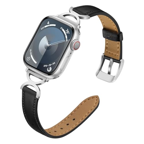 TRUMiRR Ersatz für Apple Watch Serie 9 8 45mm Armband Leder, Edelstahl Uhrenarmband Metall Armband Ersatzband für iWatch 9/Apple Watch SE (2.Gen) Series 8 7 6 5 4 3 2 1 45mm 44mm 42mm von TRUMiRR