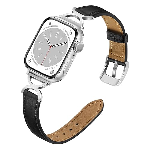 TRUMiRR Ersatz für Apple Watch Serie 9 8 45mm Armband Leder, Edelstahl Uhrenarmband Metall Armband Ersatzband für iWatch 9/Apple Watch SE (2.Gen) Series 8 7 6 5 4 3 2 1 45mm 44mm 42mm von TRUMiRR