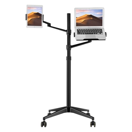 TRUNXUCL Bodenständer mit 2 Halterungen für Smartphones, Tablets, E-Reader und Laptops, Tablet Halterung Höhenverstellbar mit Rollen(Black) von TRUNXUCL