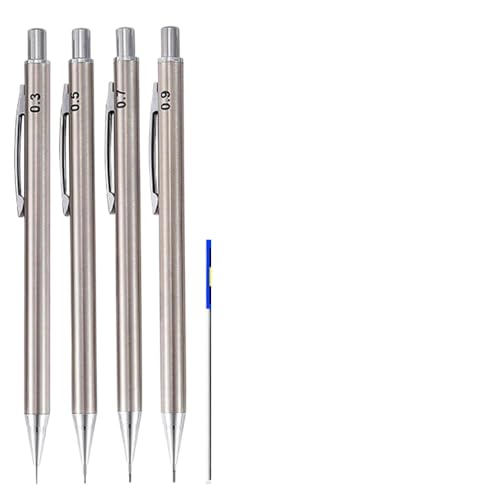 TRyYCB 0,3 0,5 0,7 0,9 mm Metall Automatischer Bleistift mit Radiergummi -HB -Blei Edelstahl Silber, das mit Bürokunstzubehör kompatibel ist, Zeichnung Schreibwaren(5pcs 0.3mm Set) von TRyYCB