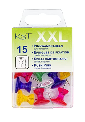 K3T Pinnwandnadeln XXL bunt/transparent, 15er Packung, Art. Nr. 48353 von TSI