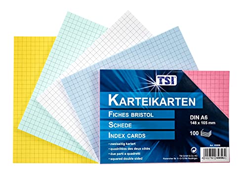 TSI Karteikarten A6 farbig sortiert, 100er Packung, kariert, Größe: DIN A6 (148 x 105 mm), Art. Nr. 65856 von TSI