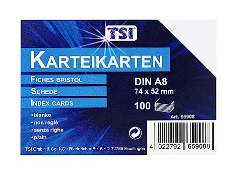 TSI Karteikarten weiß, 100er Packung, blanko, Größe: DIN A8 (74 x 52 mm), Art. Nr. 65908 von TSI