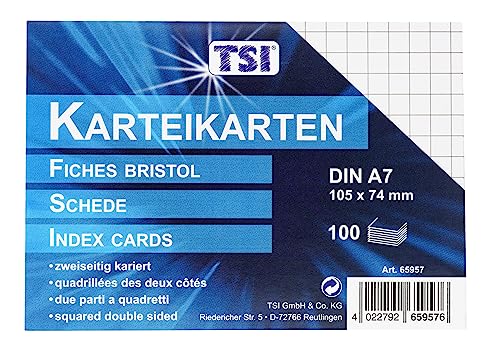 TSI Karteikarten weiß, 100er Packung, kariert, Größe: DIN A7 (105 x 74 mm), Art. Nr. 65957 von TSI